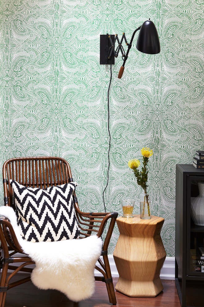 Living room - transitional dark wood floor living room idea in Toronto with multicolored walls