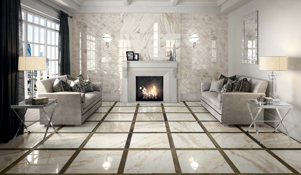 Inspiration for a large traditional enclosed living room in Miami with beige walls, porcelain flooring, a standard fireplace and beige floors.