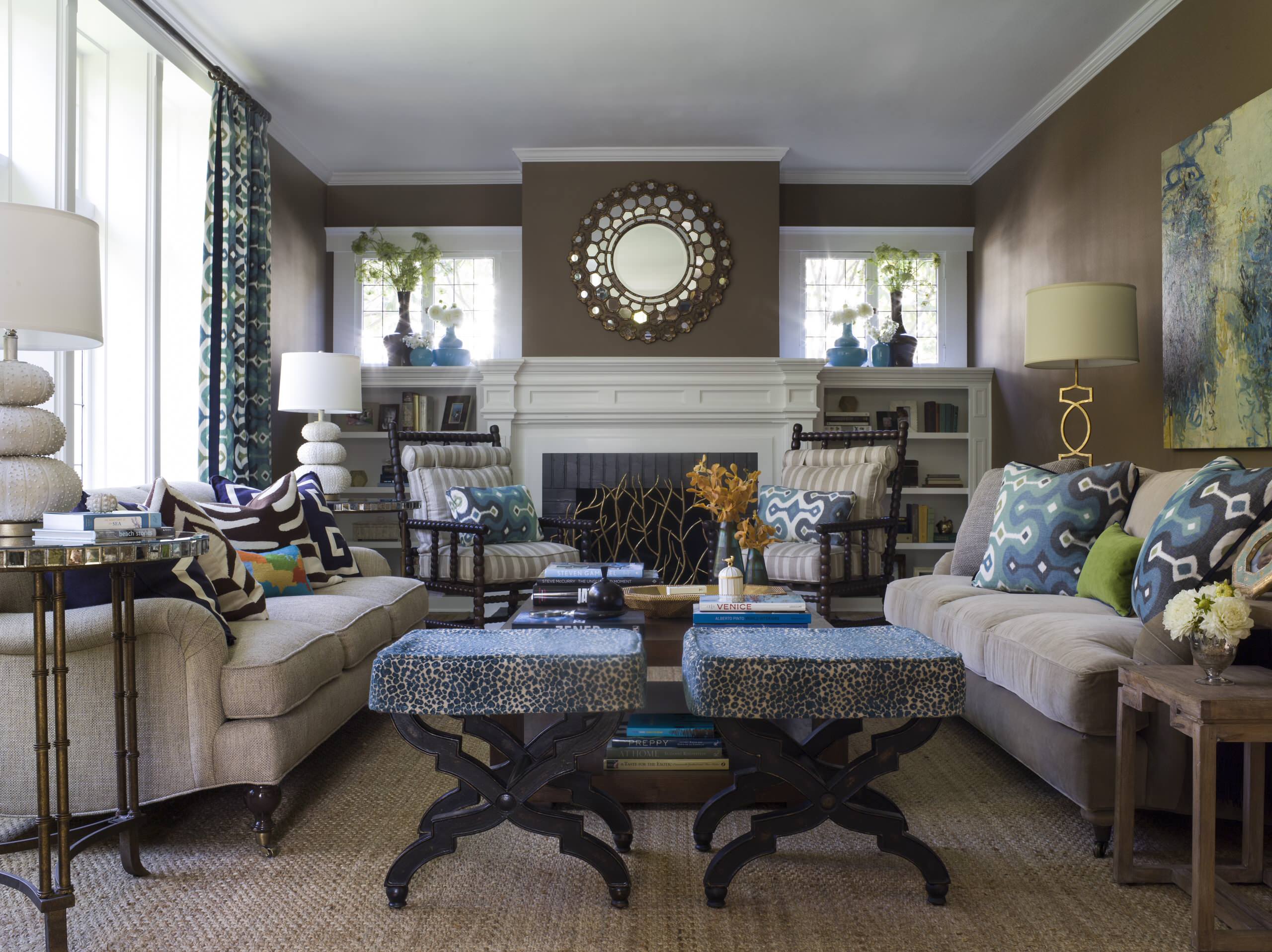 brown navy and grey living room