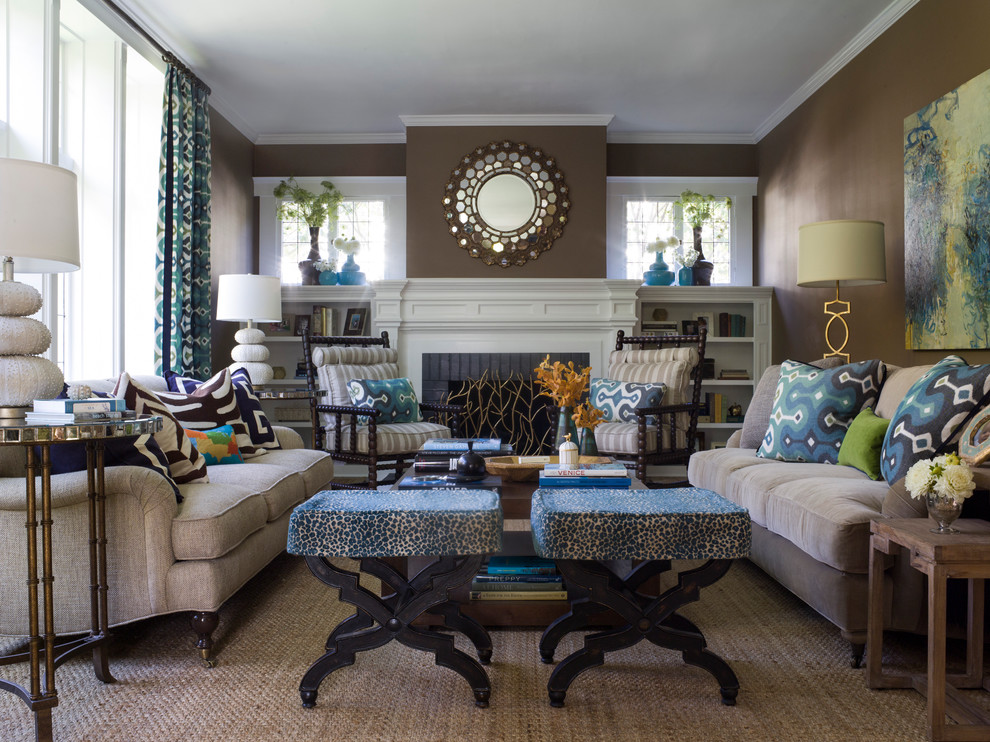 Example of a transitional living room design in San Francisco with brown walls