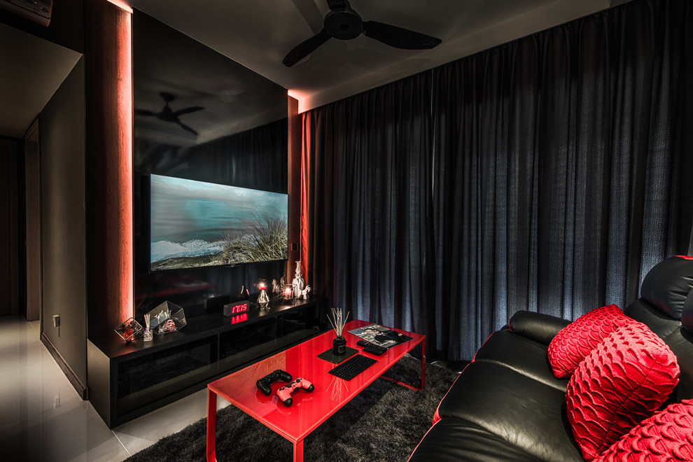 Esempio di un piccolo soggiorno moderno aperto con sala formale, pareti grigie, pavimento con piastrelle in ceramica e TV a parete