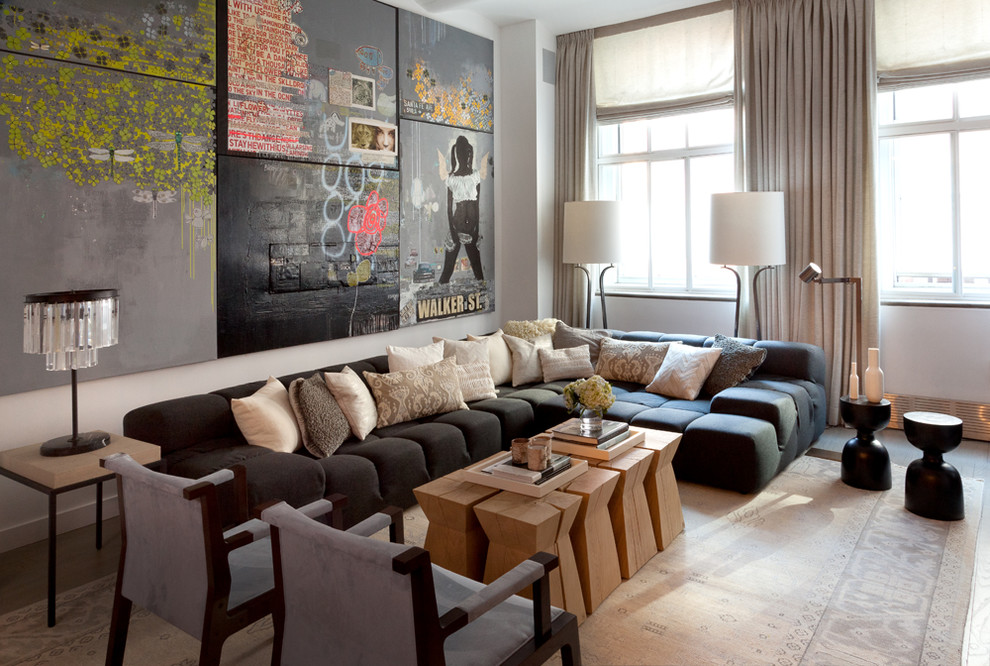 Large minimalist loft-style living room photo in New York