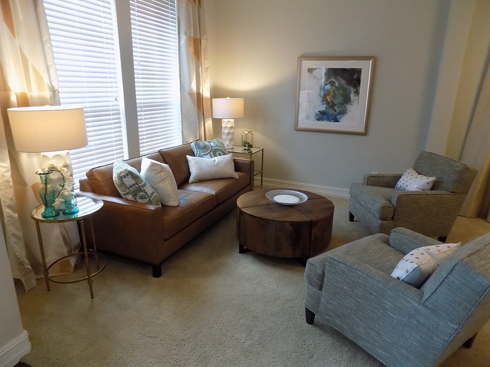 Medium sized traditional formal open plan living room in Dallas with grey walls, carpet, no tv and white floors.
