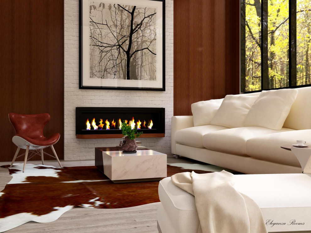 Immagine di un soggiorno moderno aperto con pareti marroni, pavimento in legno massello medio, cornice del camino in mattoni, pavimento grigio e pareti in legno