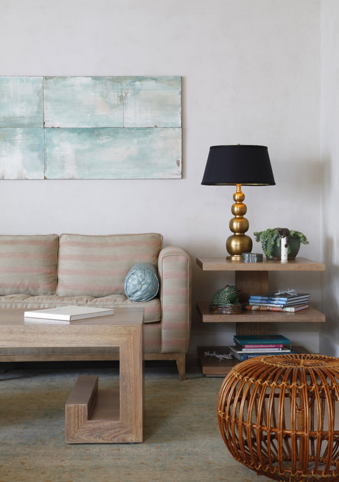 Island style living room photo in Hawaii with white walls