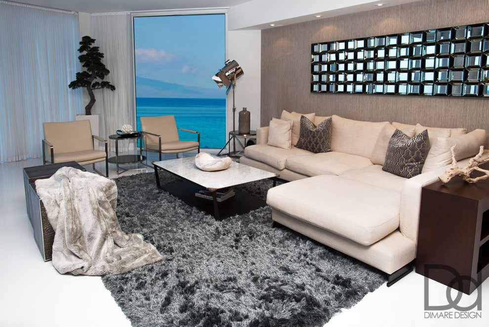 Esempio di un soggiorno moderno di medie dimensioni con sala formale, pareti bianche e pavimento con piastrelle in ceramica