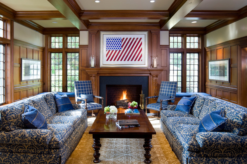 Example of a classic formal carpeted living room design in Boston with a standard fireplace and no tv