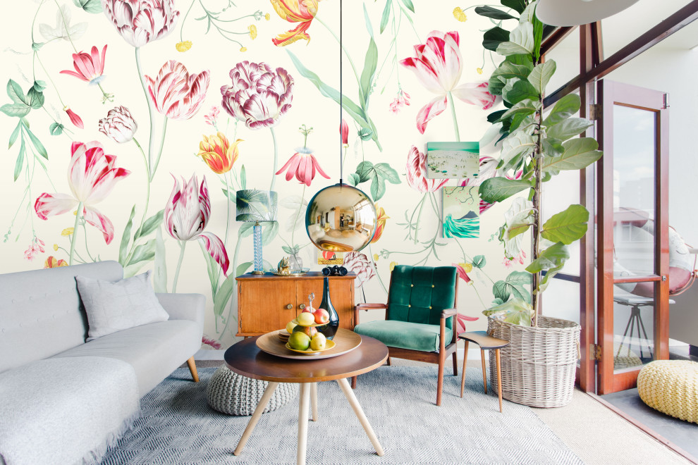 Inspiration för ett vardagsrum, med flerfärgade väggar