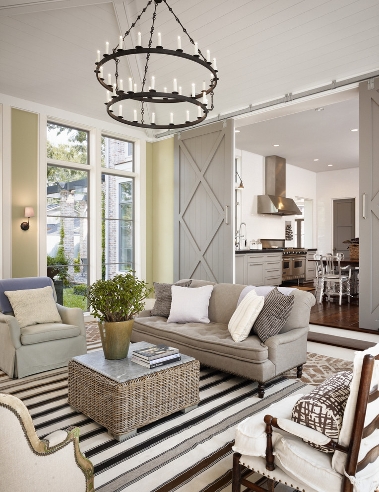Large country formal and enclosed brick floor living room photo in Houston with green walls