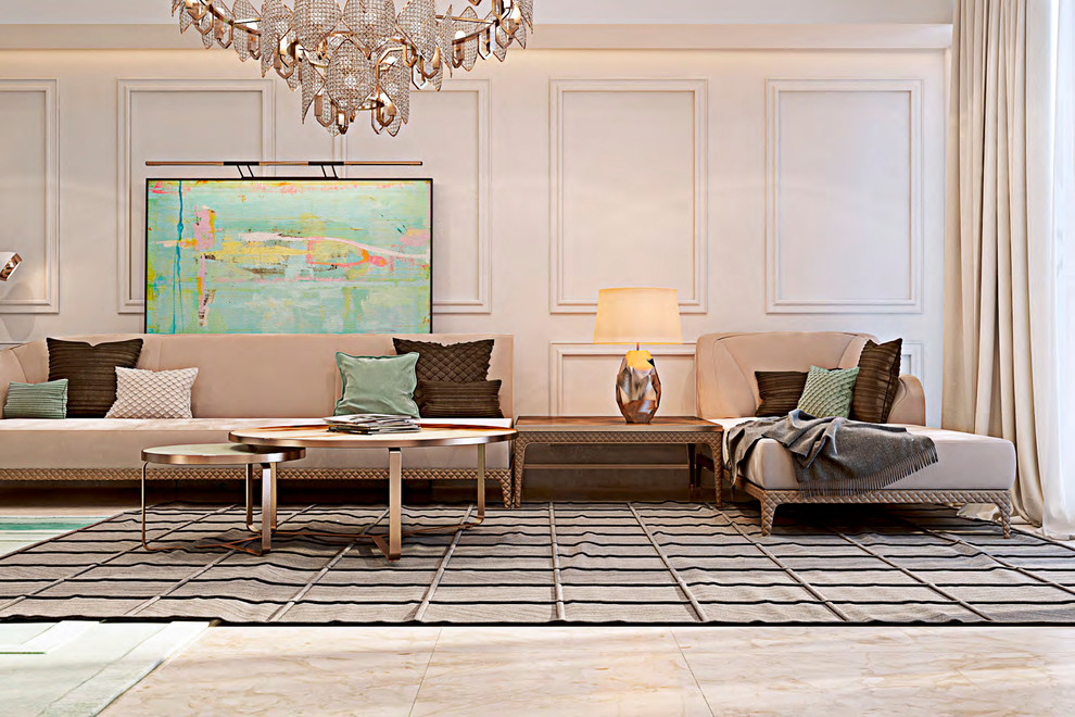Immagine di un grande soggiorno minimalista aperto con libreria, pareti beige e moquette