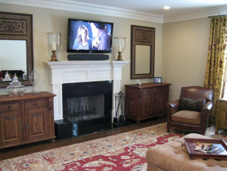 TV above Fireplace with Soundbar Chatham, NJ Traditional Living