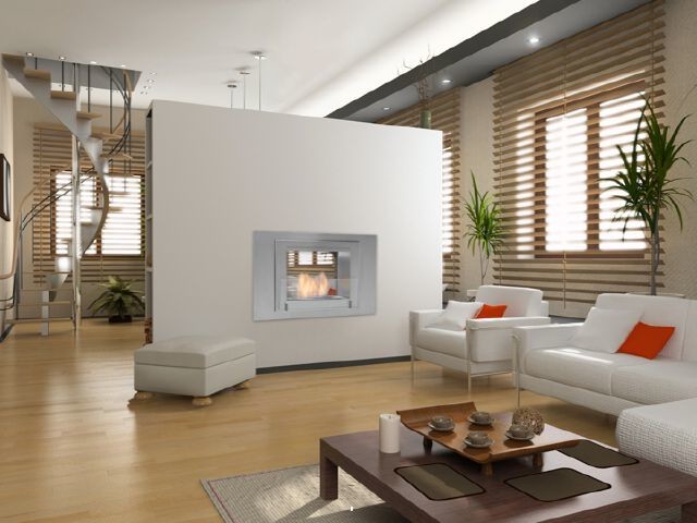 Immagine di un grande soggiorno minimalista con camino bifacciale