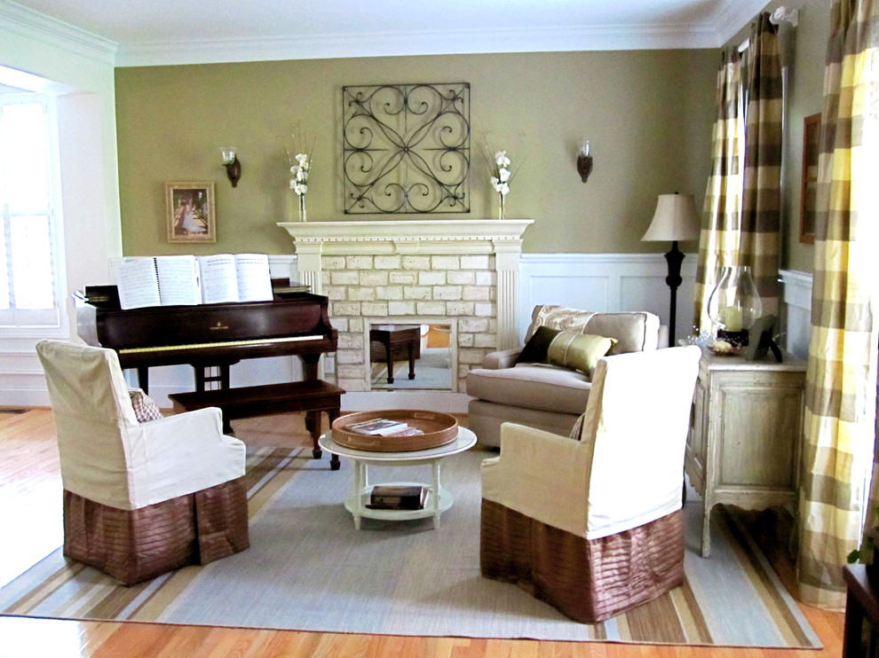Living room - mid-sized eclectic living room idea in Charlotte with a music area and green walls