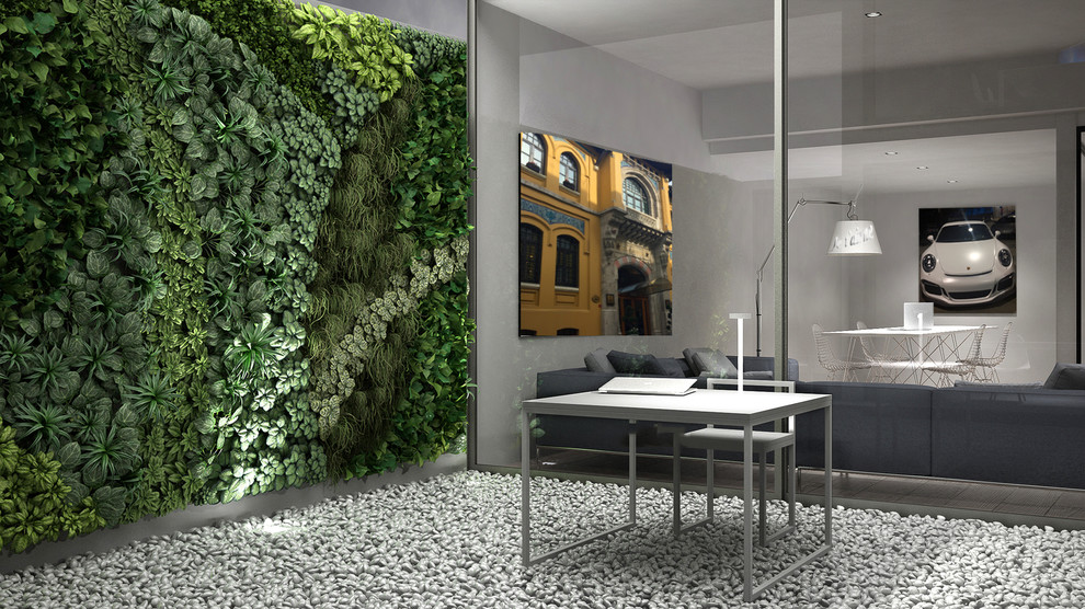 Стильный дизайн: изолированная гостиная комната среднего размера в стиле модернизм с серыми стенами - последний тренд