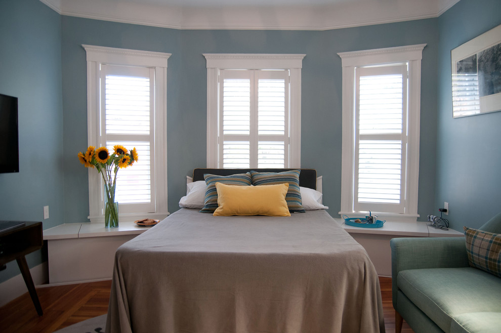 Imagen de dormitorio retro de tamaño medio sin chimenea con paredes azules y suelo de madera en tonos medios