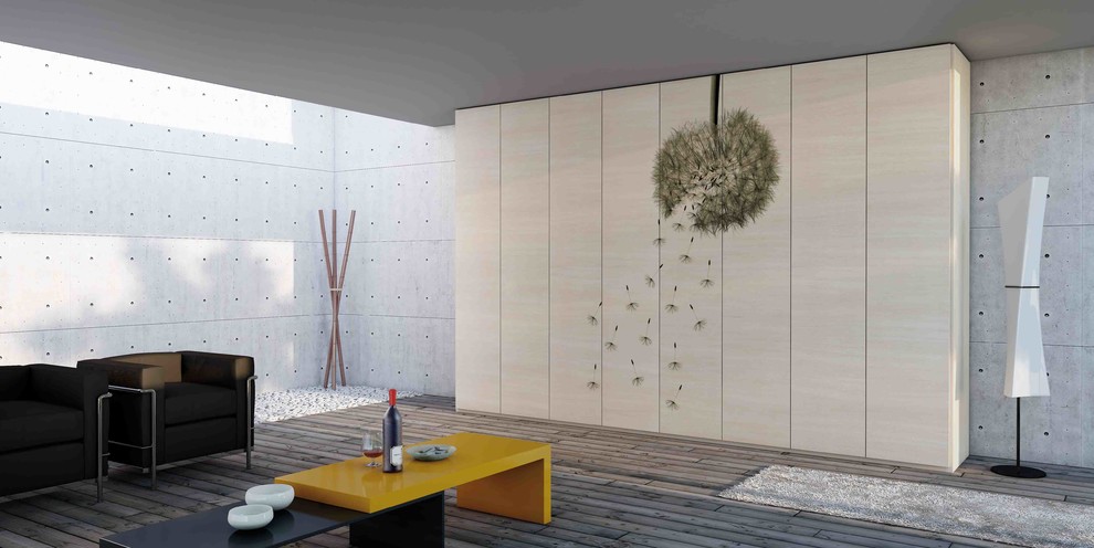 На фото: открытая гостиная комната среднего размера в стиле модернизм с серыми стенами и паркетным полом среднего тона без камина, телевизора
