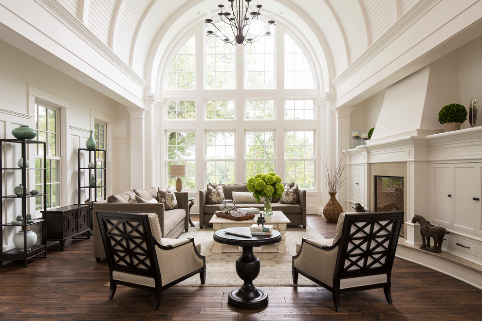 Elegant formal and open concept dark wood floor living room photo in Minneapolis with white walls, a standard fireplace, a tile fireplace and no tv