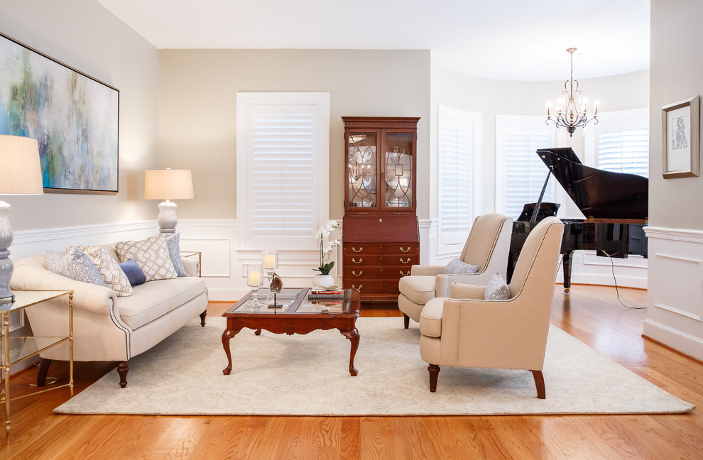 Large transitional formal and open concept medium tone wood floor living room photo in DC Metro with white walls