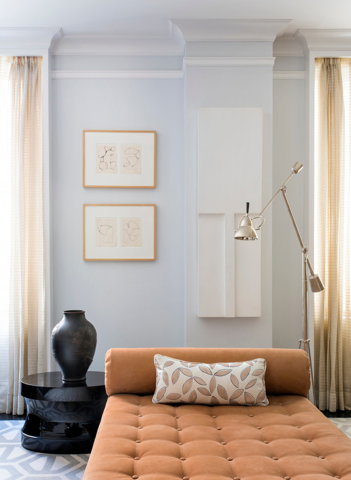 This is an example of a classic living room curtain in New York with grey walls.