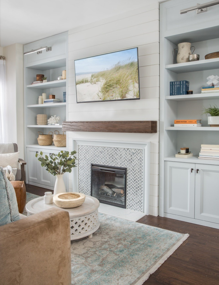 Beach style living room photo in Toronto with a tile fireplace