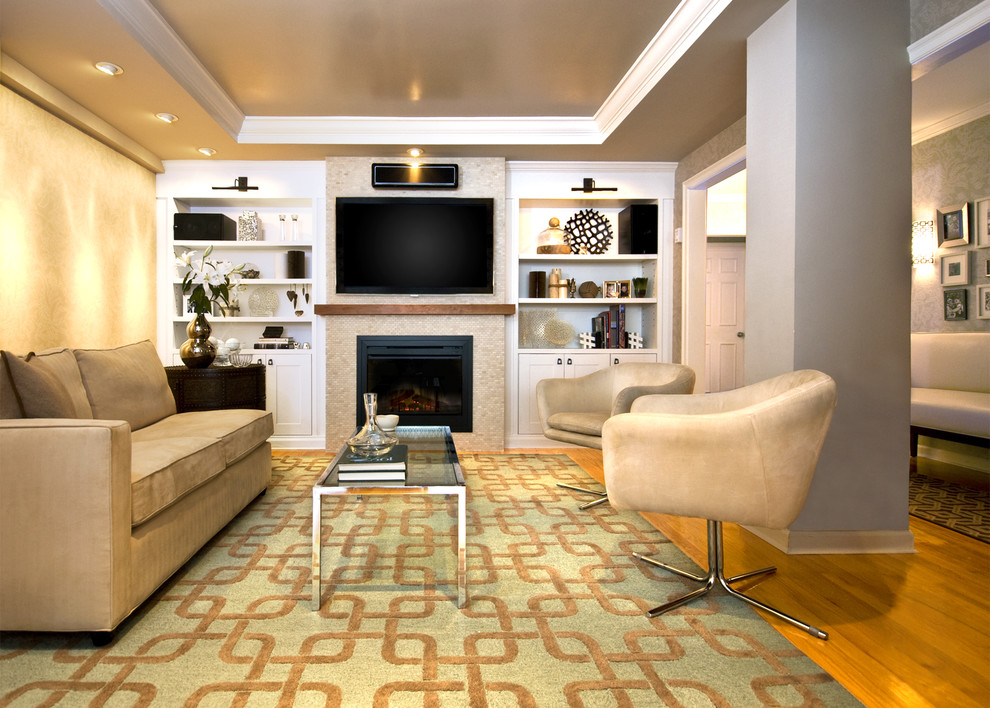 This is an example of a contemporary living room in New York with a standard fireplace and a wall mounted tv.