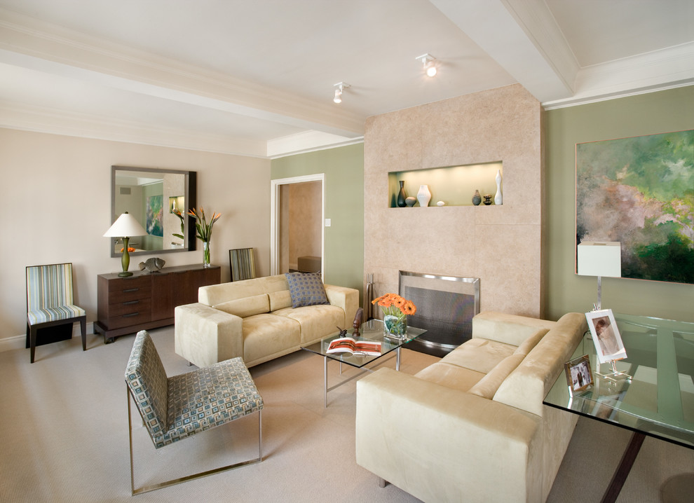 Photo of a contemporary living room in New York with a tiled fireplace surround.