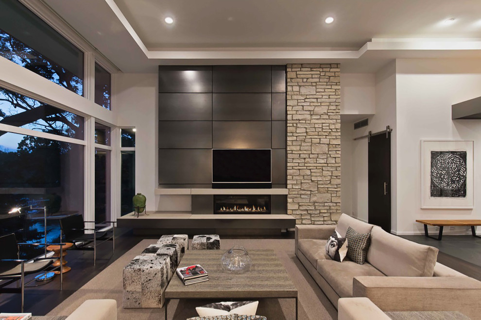 Living room - contemporary living room idea in Detroit with a standard fireplace