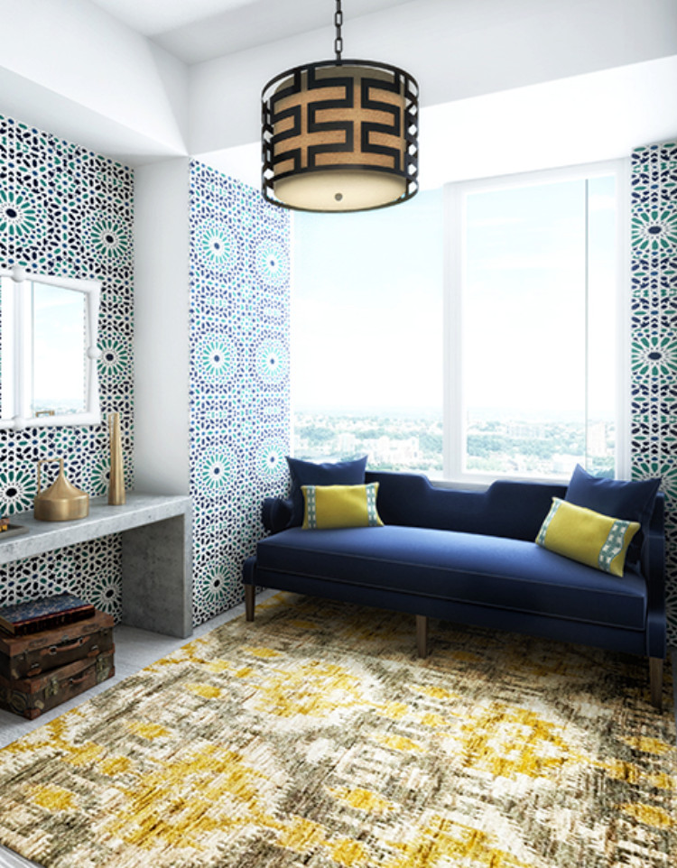 Modelo de salón tipo loft minimalista con paredes azules, moqueta, suelo multicolor y papel pintado