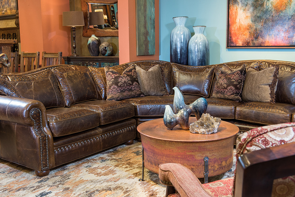 Inspiration for a large rustic open plan living room in Dallas with blue walls and carpet.