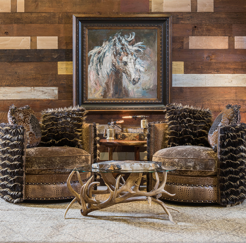 Photo of a rustic living room in Houston with brown walls.
