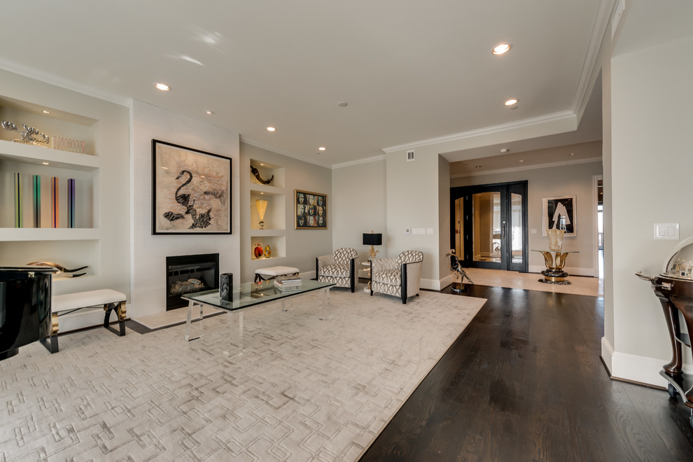 Living room - large transitional open concept dark wood floor and white floor living room idea in Dallas with a music area, white walls, a standard fireplace, a plaster fireplace and no tv