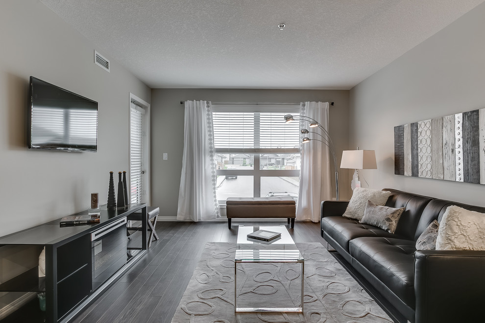 Trendy dark wood floor living room photo in Other with gray walls and a wall-mounted tv