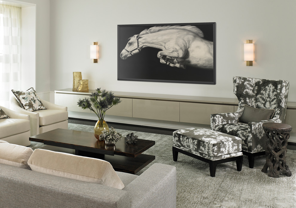 Inspiration for a large modern living room in Chicago with white walls and brown floors.