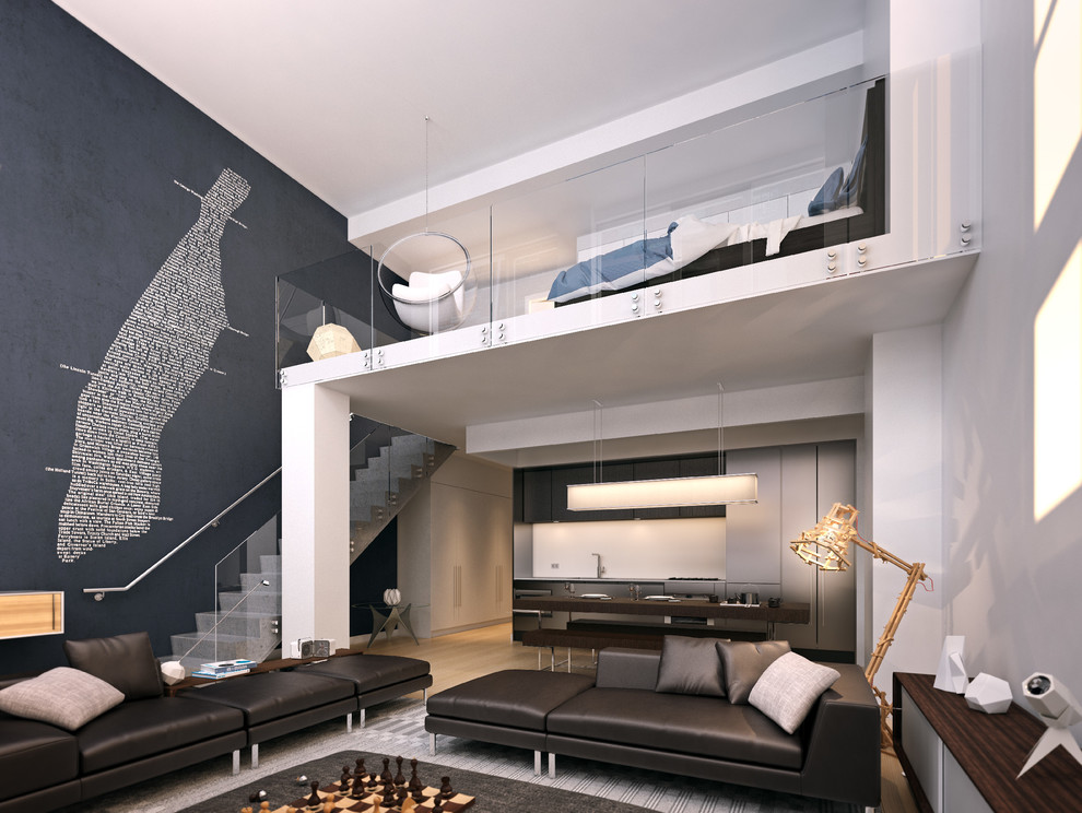 Medium sized contemporary mezzanine living room in New York with grey walls, light hardwood flooring and no fireplace.