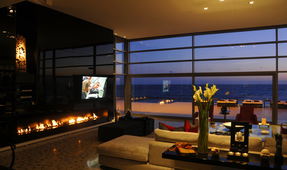 Example of a trendy living room design in Other with a ribbon fireplace