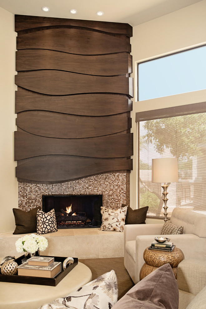 Example of a trendy formal living room design in Phoenix with beige walls, a corner fireplace and a tile fireplace
