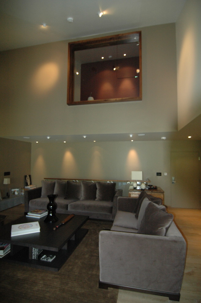 Offenes, Großes Modernes Wohnzimmer mit beiger Wandfarbe, hellem Holzboden und beigem Boden in Denver