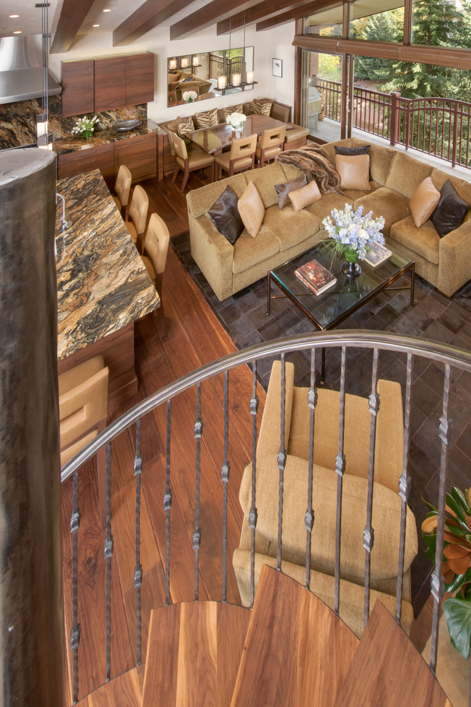Medium sized modern mezzanine living room in Denver with beige walls and medium hardwood flooring.
