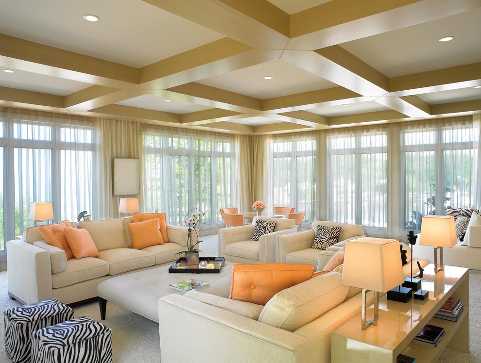 This is an example of an expansive modern living room in Miami with feature lighting.