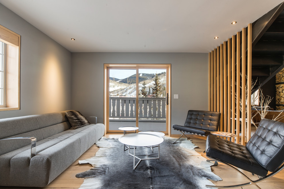 Foto de salón para visitas cerrado y gris moderno de tamaño medio sin chimenea y televisor con paredes grises, suelo de madera clara, suelo marrón y alfombra