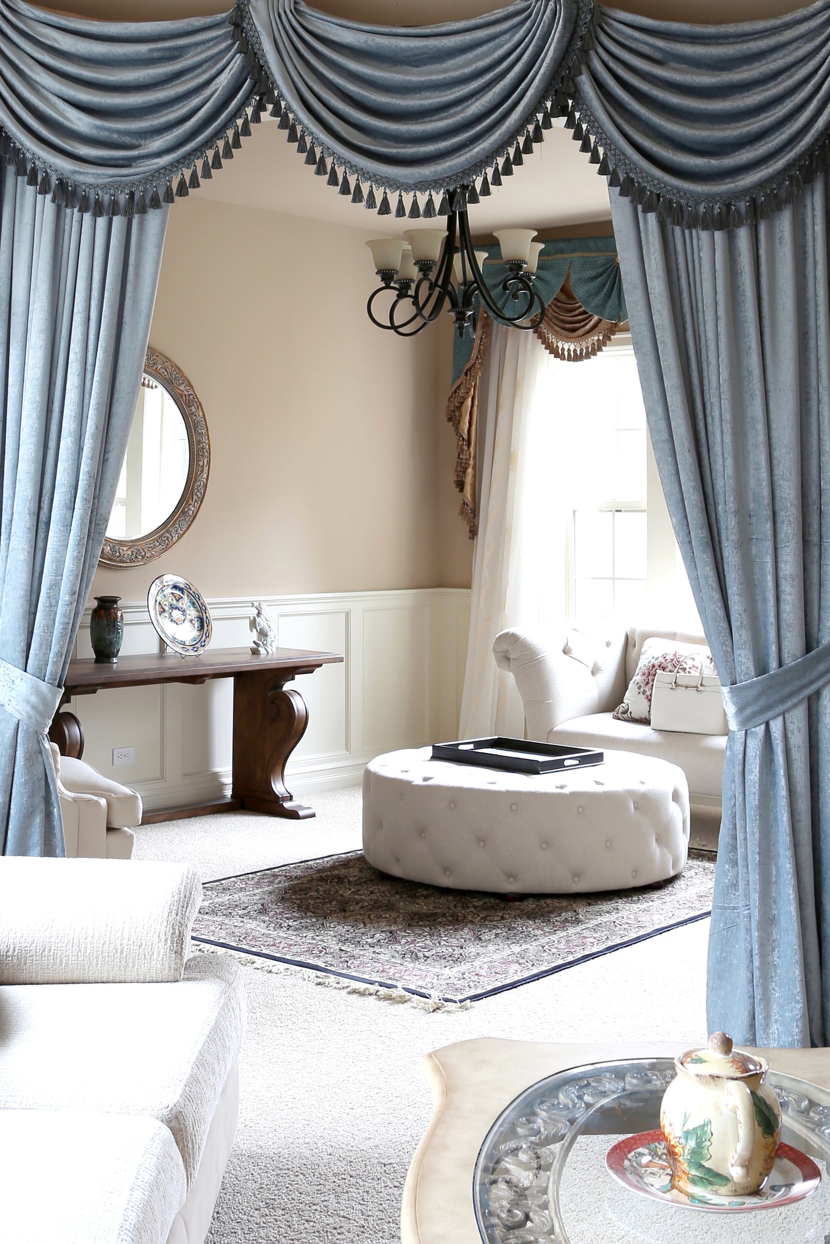 Valance curtains with swags and tails by celuce.com - Traditional - Living  Room - Seattle - by Celuce | Houzz