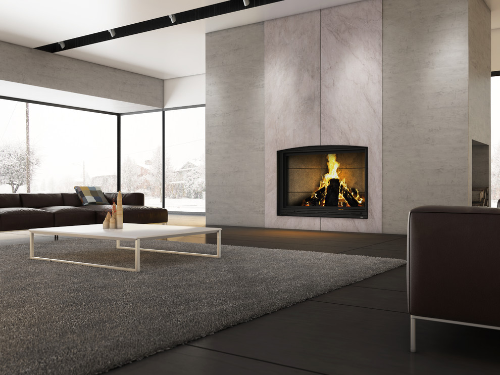 Example of a large trendy open concept porcelain tile and gray floor living room design in Other with white walls, a ribbon fireplace and a metal fireplace