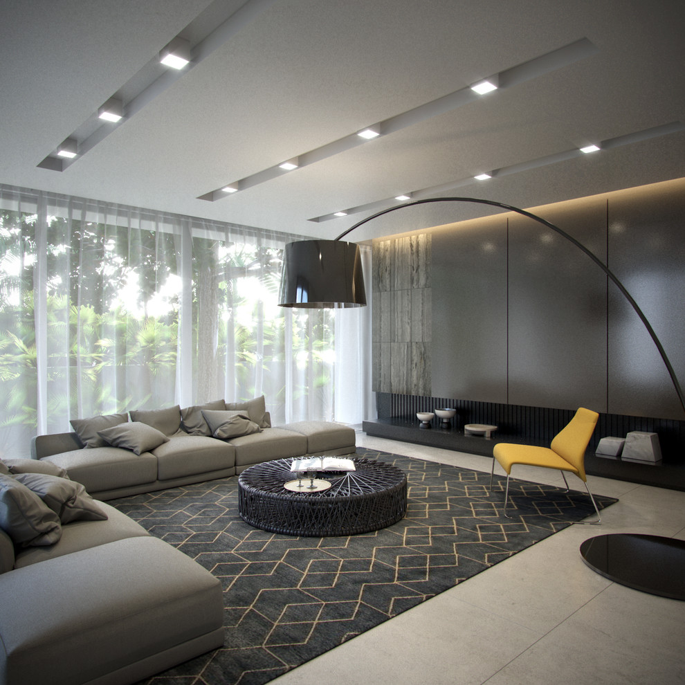 Großes, Repräsentatives, Fernseherloses, Offenes Modernes Wohnzimmer ohne Kamin mit weißer Wandfarbe und Keramikboden in Miami