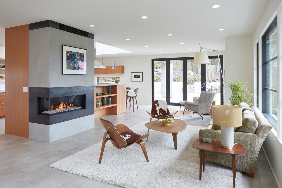 Inspiration for a contemporary living room in Portland with white walls, a ribbon fireplace and grey floors.
