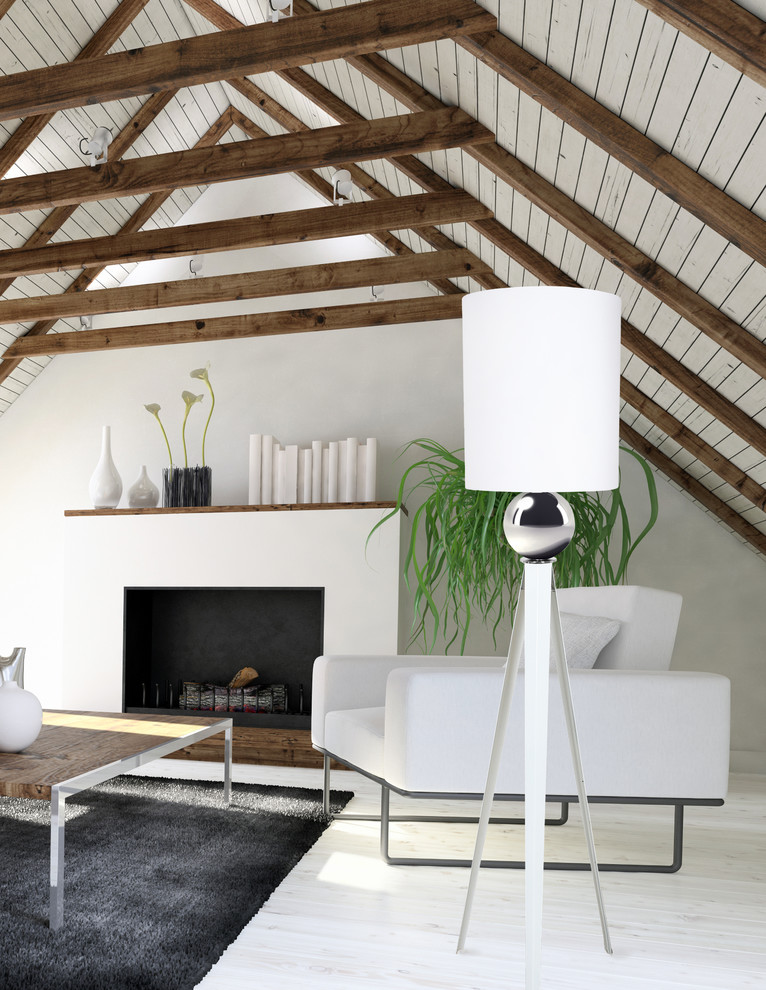 Пример оригинального дизайна: двухуровневая гостиная комната среднего размера в стиле модернизм с белыми стенами, деревянным полом, стандартным камином, фасадом камина из штукатурки и белым полом