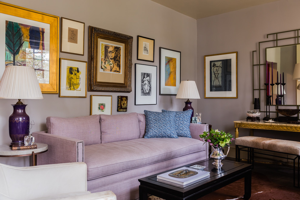 Kleines, Repräsentatives, Fernseherloses Eklektisches Wohnzimmer ohne Kamin mit grauer Wandfarbe in Raleigh