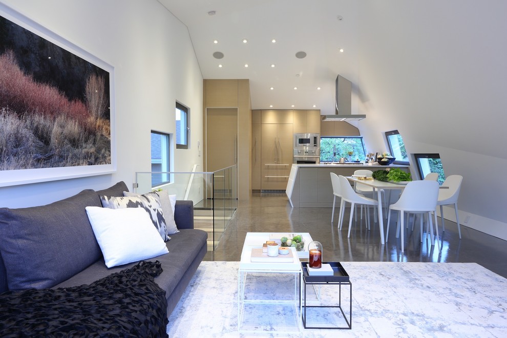 Источник вдохновения для домашнего уюта: огромная открытая гостиная комната в современном стиле с белыми стенами и бетонным полом