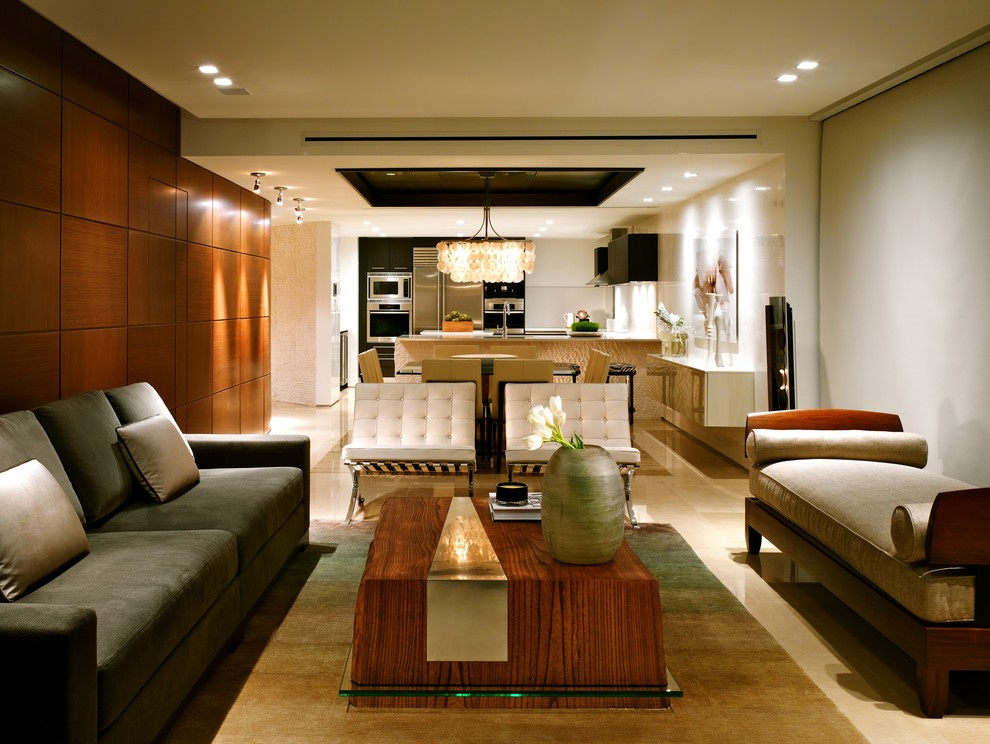 Medium sized contemporary open plan living room in Miami.
