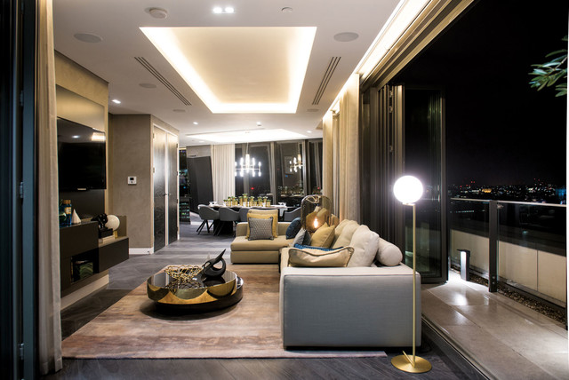 Vauxhall Penthouse. Chevron in colour Midnight Living Room