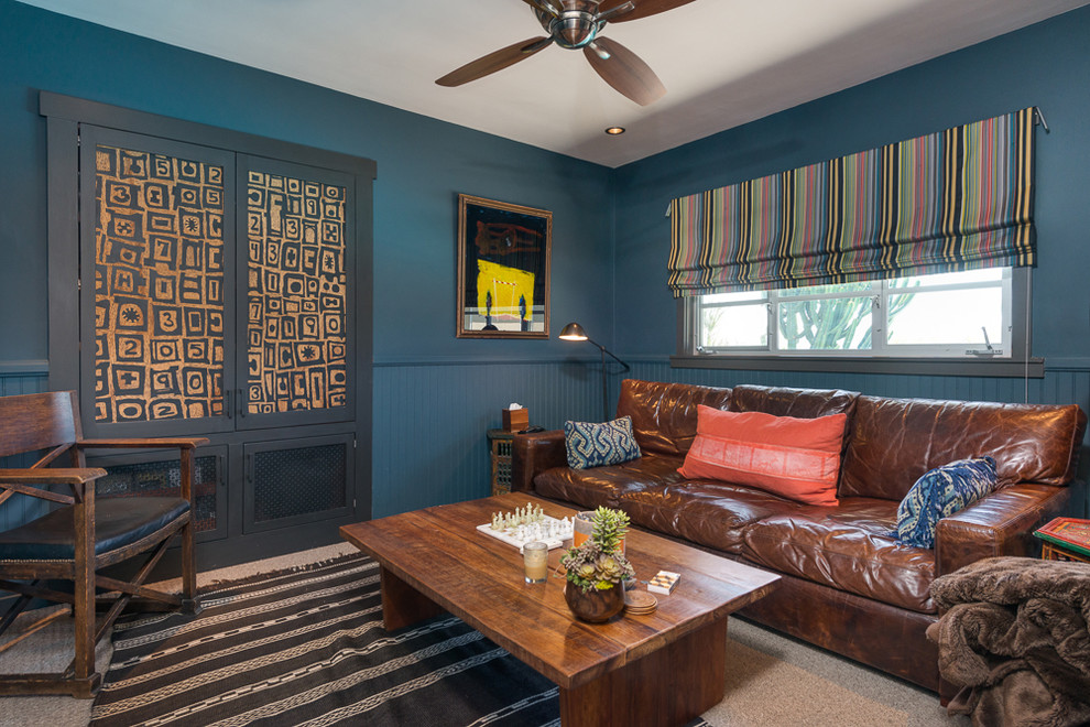 Ispirazione per un soggiorno contemporaneo con pareti blu